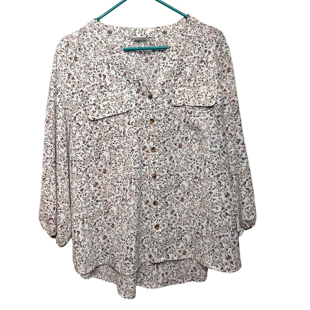 Croft Barrow Womens Hinge Ditsy Floral Button Down V Neck Blouse Long Sleeve  XL - Picture 2 of 10